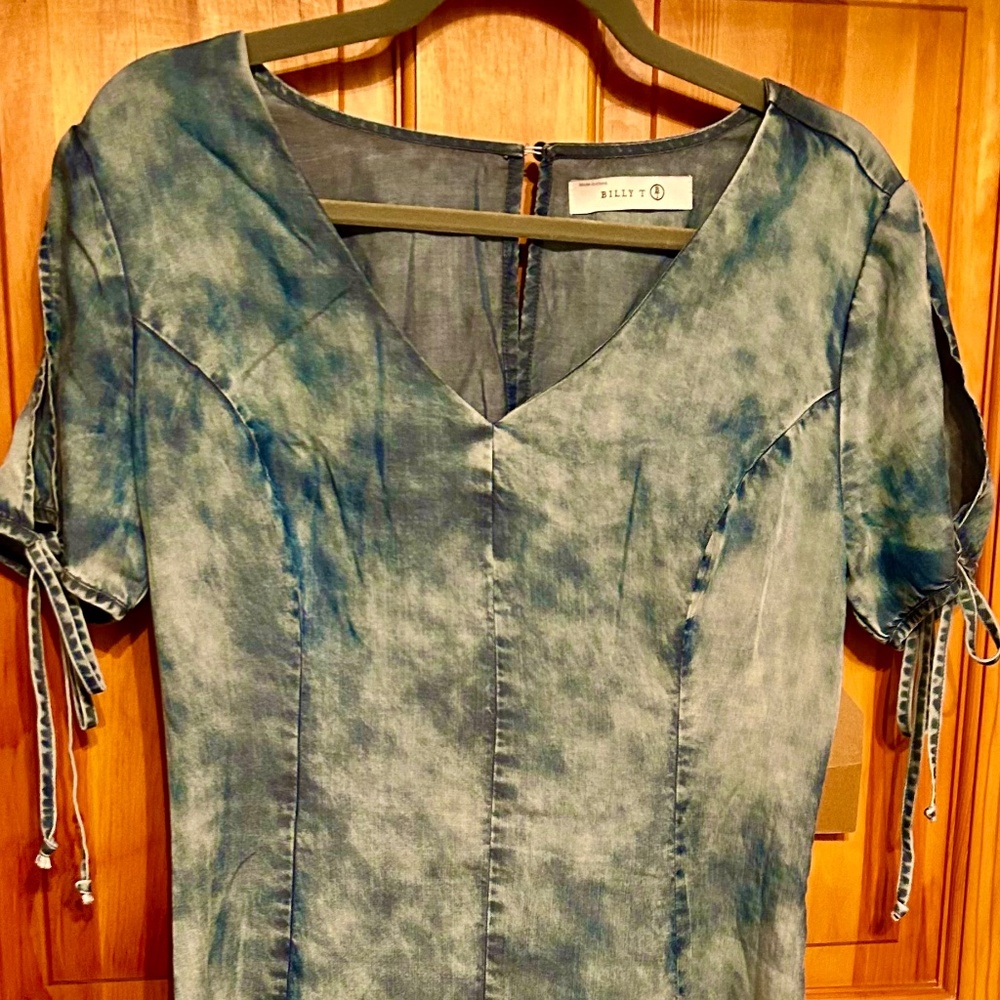 D3 NWT Billt T Blue Tencel Mini Dress Short Sleeves With Ties